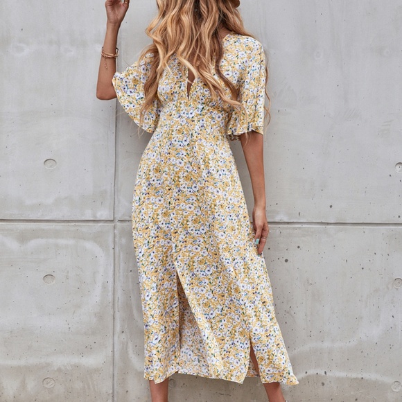 Boho Butterfly Sleeve V neck Midi Dress Yellow - Picture 2 of 6